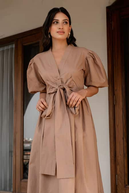 B'Infinite_Brown Cotton V-neck Balloon Sleeve Midi Dress_at_Aza_Fashions