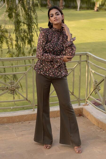 Buy B'Infinite Black Chiffon Embroidery High Neck Floral Print Top And Flared Trouser Set Online at Aza Fashions Buy_B'Infinite_Black Chiffon Embroidery High Neck Floral Print Top And Flared Trouser Set_Online_at_Aza_Fashions