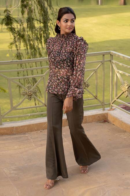 Shop B'Infinite Black Chiffon Embroidery High Neck Floral Print Top And Flared Trouser Set Online at Aza Fashions Shop_B'Infinite_Black Chiffon Embroidery High Neck Floral Print Top And Flared Trouser Set_Online_at_Aza_Fashions