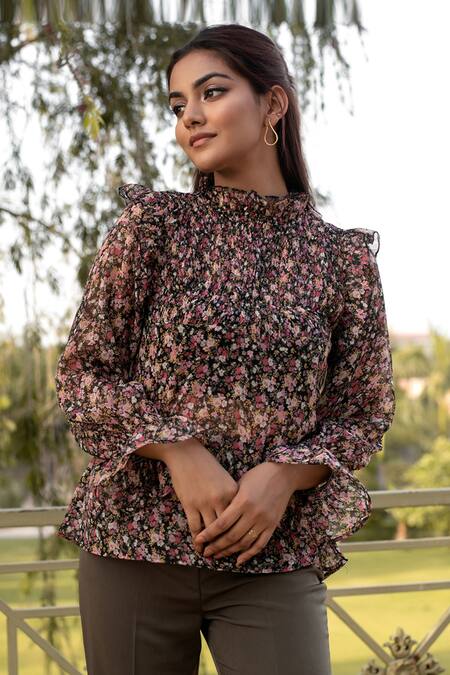 B'Infinite Black Chiffon Embroidery High Neck Floral Print Top And Flared Trouser Set at Aza Fashions B'Infinite_Black Chiffon Embroidery High Neck Floral Print Top And Flared Trouser Set_at_Aza_Fashions