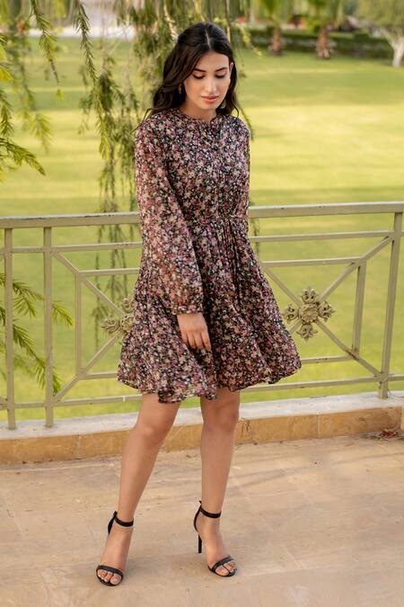 Buy_B'Infinite_Multi Color Chiffon Embroidery Mandarin Collar All Over Floral Print Dress _Online_at_Aza_Fashions