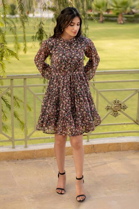 Shop_B'Infinite_Multi Color Chiffon Embroidery Mandarin Collar All Over Floral Print Dress _Online_at_Aza_Fashions