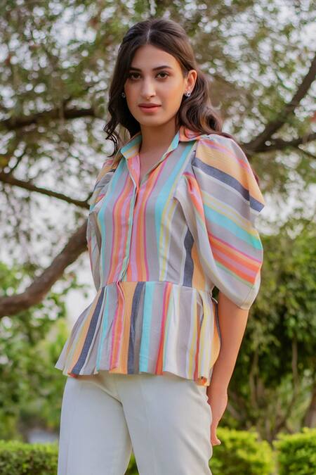B'Infinite_Multi Color Cotton Collared Striped Peplum Shirt_Online_at_Aza_Fashions