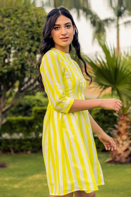 Shop B'Infinite White Cotton Mandarin Collar Vertical Pattern Dress Online at Aza Fashions Shop_B'Infinite_White Cotton Mandarin Collar Vertical Pattern Dress_Online_at_Aza_Fashions