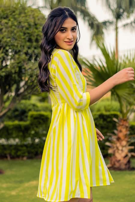 B'Infinite White Cotton Mandarin Collar Vertical Pattern Dress at Aza Fashions B'Infinite_White Cotton Mandarin Collar Vertical Pattern Dress_at_Aza_Fashions