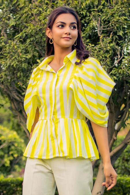 Buy_B'Infinite_White Cotton Stripes Spread Collar Neon Peplum Shirt_Online_at_Aza_Fashions