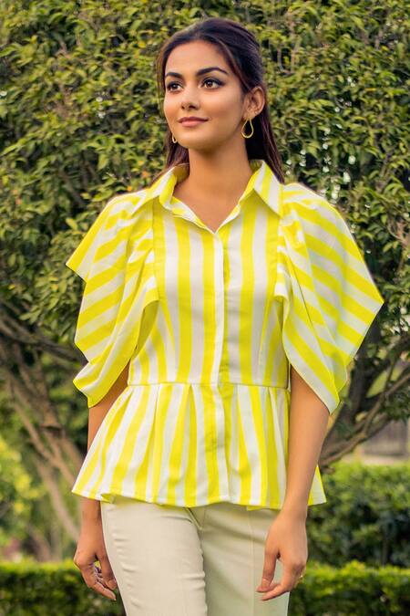 Shop_B'Infinite_White Cotton Stripes Spread Collar Neon Peplum Shirt_Online_at_Aza_Fashions