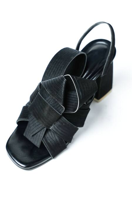 Buy_Perca_Black Bows Textured Sling Back Block Heels_Online_at_Aza_Fashions