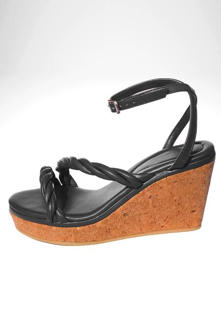 Perca_Black Bows Twisted Strap Wedges_Online_at_Aza_Fashions