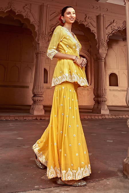 Preevin Yellow Cotton, Net, Silk Embroidery, Lace Thread Work Short Angarkha Sharara Set Online at Aza Fashions Preevin_Yellow Cotton, Net, Silk Embroidery, Lace Thread Work Short Angarkha Sharara Set _Online_at_Aza_Fashions