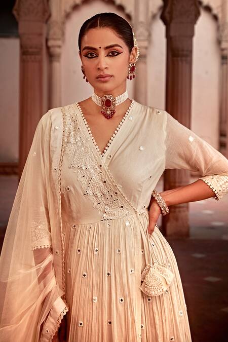 Buy_Preevin_Off White Cotton, Tulle, Net Temple Work Angrakha Anarkali With Dupatta_Online_at_Aza_Fashions