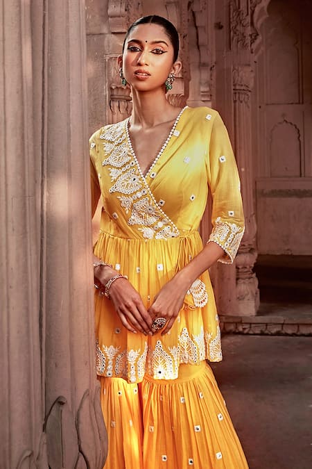 Buy Preevin Yellow Cotton, Net, Silk Embroidery, Lace Thread Work Short Angarkha Sharara Set Online at Aza Fashions Buy_Preevin_Yellow Cotton, Net, Silk Embroidery, Lace Thread Work Short Angarkha Sharara Set _Online_at_Aza_Fashions