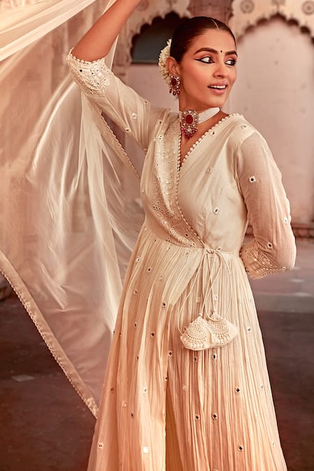 Shop_Preevin_Off White Cotton, Tulle, Net Temple Work Angrakha Anarkali With Dupatta_Online_at_Aza_Fashions