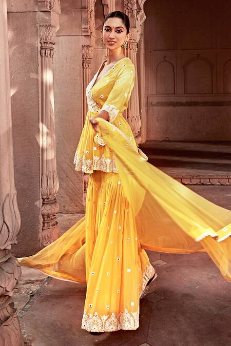 Shop Preevin Yellow Cotton, Net, Silk Embroidery, Lace Thread Work Short Angarkha Sharara Set Online at Aza Fashions Shop_Preevin_Yellow Cotton, Net, Silk Embroidery, Lace Thread Work Short Angarkha Sharara Set _Online_at_Aza_Fashions