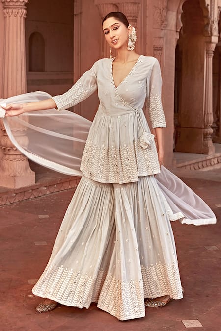 Preevin_Blue Cotton, Tulle, Net Lace, Sequins, Leaf Pattern Peplum Angrakha Set _Online_at_Aza_Fashions