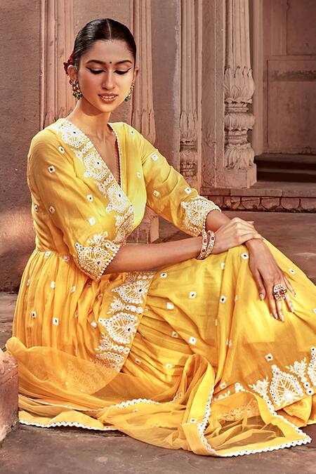 Preevin Yellow Cotton, Net, Silk Embroidery, Lace Thread Work Short Angarkha Sharara Set at Aza Fashions Preevin_Yellow Cotton, Net, Silk Embroidery, Lace Thread Work Short Angarkha Sharara Set _at_Aza_Fashions