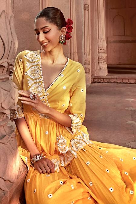 Buy Preevin Yellow Cotton, Net, Silk Embroidery, Lace Thread Work Short Angarkha Sharara Set Buy_Preevin_Yellow Cotton, Net, Silk Embroidery, Lace Thread Work Short Angarkha Sharara Set