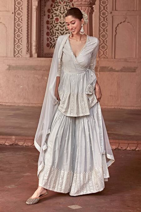 Buy_Preevin_Blue Cotton, Tulle, Net Lace, Sequins, Leaf Pattern Peplum Angrakha Set _Online_at_Aza_Fashions