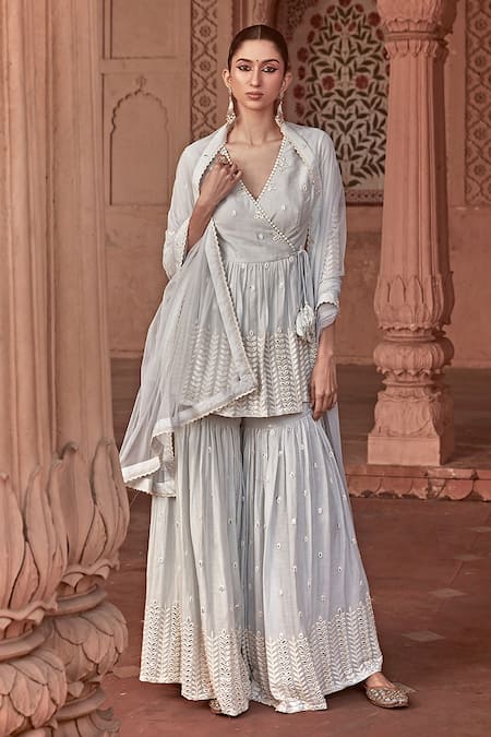 Shop_Preevin_Blue Cotton, Tulle, Net Lace, Sequins, Leaf Pattern Peplum Angrakha Set _Online_at_Aza_Fashions