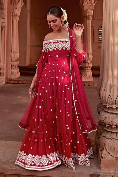Preevin Fuchsia Cotton, Tulle, Net Lace, Mirrors One Shoulder Off Anarkali With Dupatta Online at Aza Fashions Preevin_Fuchsia Cotton, Tulle, Net Lace, Mirrors One Shoulder Off Anarkali With Dupatta _Online_at_Aza_Fashions