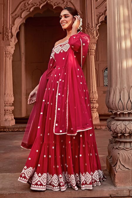 Buy Preevin Fuchsia Cotton, Tulle, Net Lace, Mirrors One Shoulder Off Anarkali With Dupatta Online at Aza Fashions Buy_Preevin_Fuchsia Cotton, Tulle, Net Lace, Mirrors One Shoulder Off Anarkali With Dupatta _Online_at_Aza_Fashions