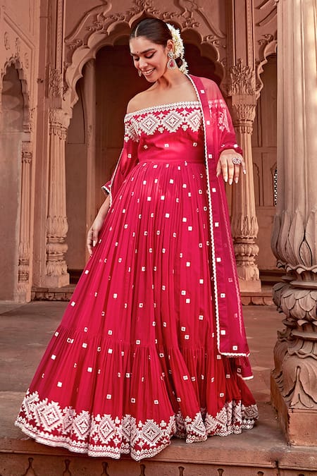Shop Preevin Fuchsia Cotton, Tulle, Net Lace, Mirrors One Shoulder Off Anarkali With Dupatta Online at Aza Fashions Shop_Preevin_Fuchsia Cotton, Tulle, Net Lace, Mirrors One Shoulder Off Anarkali With Dupatta _Online_at_Aza_Fashions