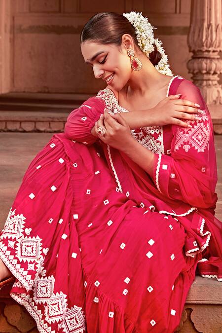 Preevin Fuchsia Cotton, Tulle, Net Lace, Mirrors One Shoulder Off Anarkali With Dupatta at Aza Fashions Preevin_Fuchsia Cotton, Tulle, Net Lace, Mirrors One Shoulder Off Anarkali With Dupatta _at_Aza_Fashions