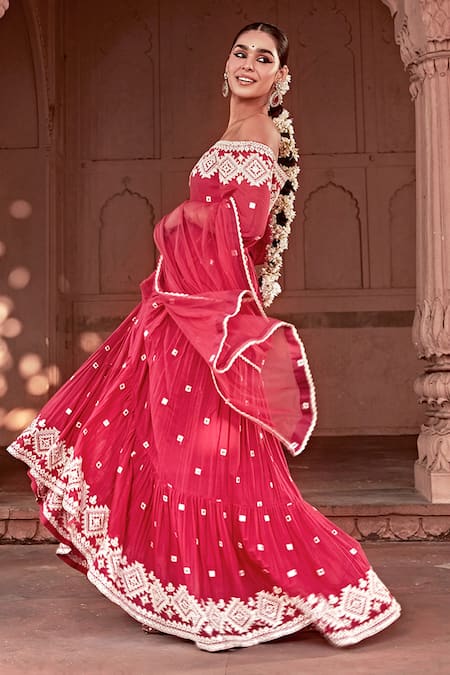 Buy Preevin Fuchsia Cotton, Tulle, Net Lace, Mirrors One Shoulder Off Anarkali With Dupatta Buy_Preevin_Fuchsia Cotton, Tulle, Net Lace, Mirrors One Shoulder Off Anarkali With Dupatta