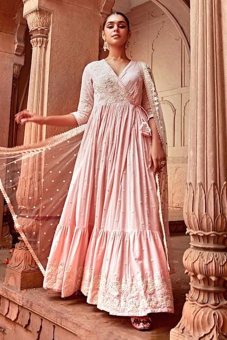 Preevin_Pink Cotton, Tulle, Net Mirrors V-neck Flower Angrakha Anarkali With Dupatta _Online_at_Aza_Fashions
