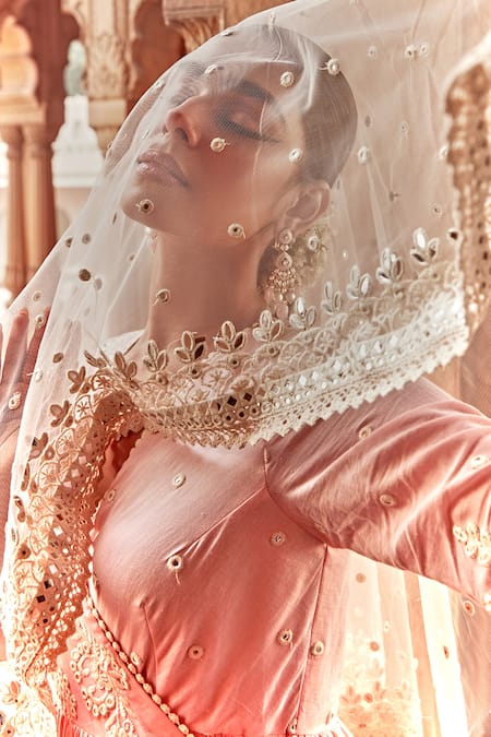 Buy_Preevin_Pink Cotton, Tulle, Net Mirrors V-neck Flower Angrakha Anarkali With Dupatta 
