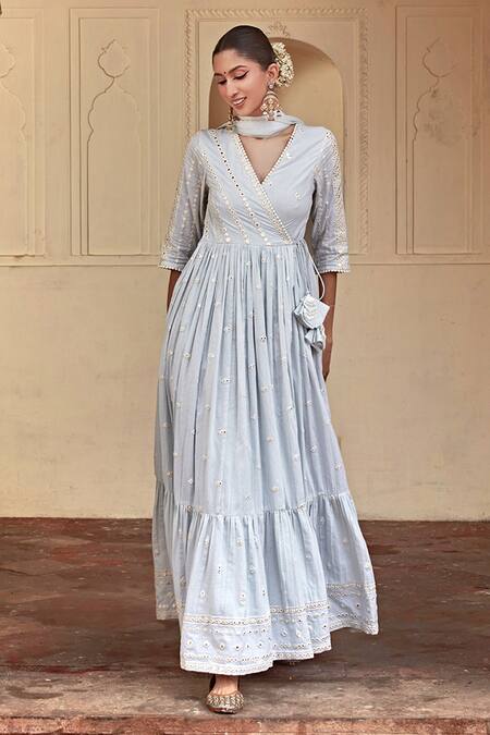 Preevin_Blue Cotton, Tulle, Net Mirrors Embroidered Angrakha Anarkali With Dupatta _Online_at_Aza_Fashions
