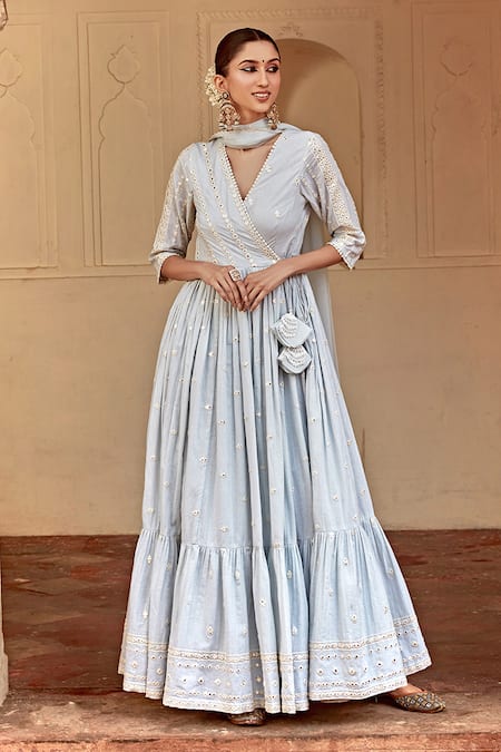 Buy_Preevin_Blue Cotton, Tulle, Net Mirrors Embroidered Angrakha Anarkali With Dupatta _Online_at_Aza_Fashions