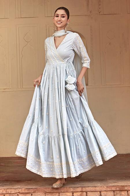 Shop_Preevin_Blue Cotton, Tulle, Net Mirrors Embroidered Angrakha Anarkali With Dupatta _Online_at_Aza_Fashions