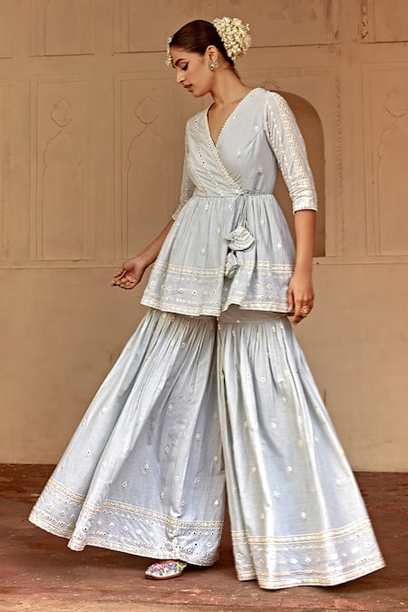 Preevin Blue Cotton, Tulle, Net Lace, Mirrors, Embroidery, Sequins Peplum Angrakha Set Online at Aza Fashions Preevin_Blue Cotton, Tulle, Net Lace, Mirrors, Embroidery, Sequins Peplum Angrakha Set _Online_at_Aza_Fashions