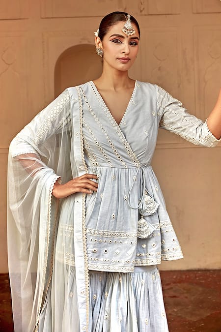 Buy Preevin Blue Cotton, Tulle, Net Lace, Mirrors, Embroidery, Sequins Peplum Angrakha Set Online at Aza Fashions Buy_Preevin_Blue Cotton, Tulle, Net Lace, Mirrors, Embroidery, Sequins Peplum Angrakha Set _Online_at_Aza_Fashions