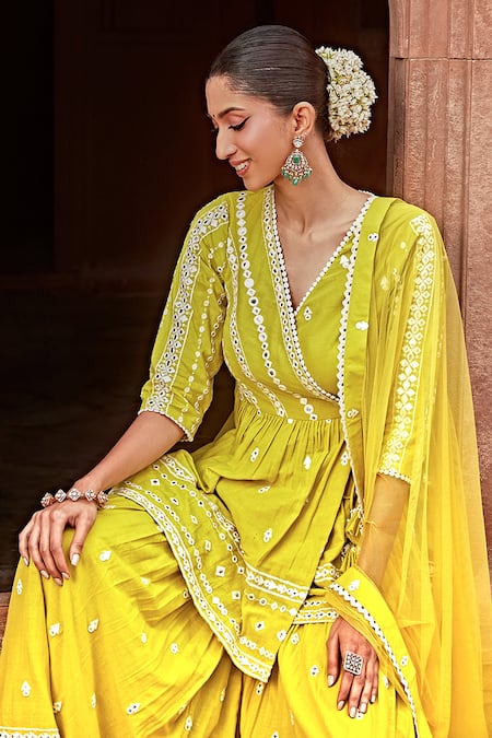 Preevin Green Cotton, Tulle, Net Lace, Tassels, Thread Embroidered Peplum Angrakha Set Online at Aza Fashions Preevin_Green Cotton, Tulle, Net Lace, Tassels, Thread Embroidered Peplum Angrakha Set _Online_at_Aza_Fashions