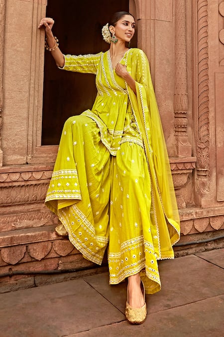 Buy Preevin Green Cotton, Tulle, Net Lace, Tassels, Thread Embroidered Peplum Angrakha Set Online at Aza Fashions Buy_Preevin_Green Cotton, Tulle, Net Lace, Tassels, Thread Embroidered Peplum Angrakha Set _Online_at_Aza_Fashions