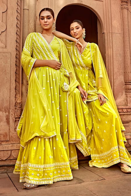 Shop Preevin Green Cotton, Tulle, Net Lace, Tassels, Thread Embroidered Peplum Angrakha Set Online at Aza Fashions Shop_Preevin_Green Cotton, Tulle, Net Lace, Tassels, Thread Embroidered Peplum Angrakha Set _Online_at_Aza_Fashions