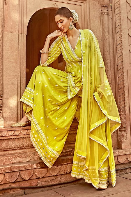 Preevin Green Cotton, Tulle, Net Lace, Tassels, Thread Embroidered Peplum Angrakha Set at Aza Fashions Preevin_Green Cotton, Tulle, Net Lace, Tassels, Thread Embroidered Peplum Angrakha Set _at_Aza_Fashions