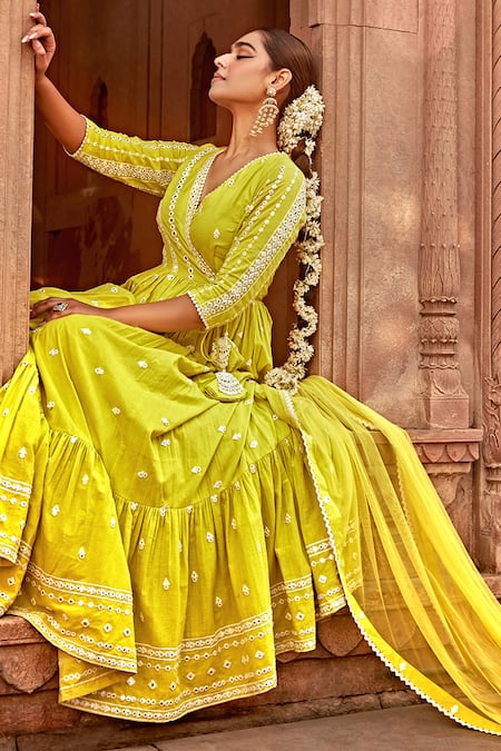 Buy_Preevin_Green Cotton, Tulle, Net Embroidery, Mirrors Angrakha Anarkali With Dupatta _Online_at_Aza_Fashions