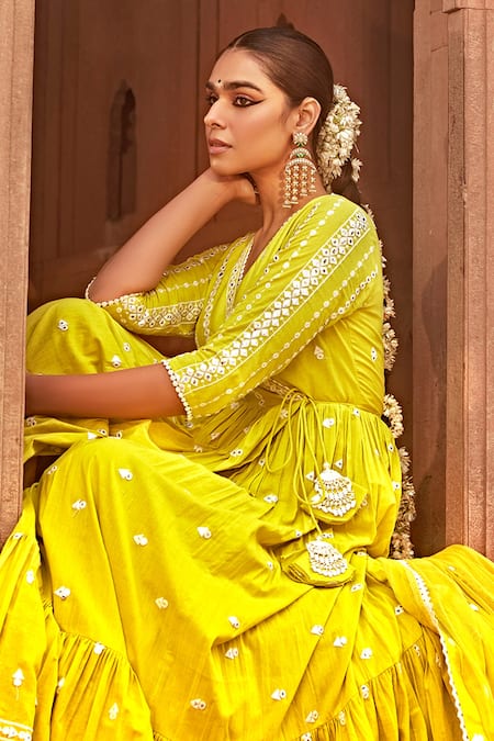 Shop_Preevin_Green Cotton, Tulle, Net Embroidery, Mirrors Angrakha Anarkali With Dupatta _Online_at_Aza_Fashions