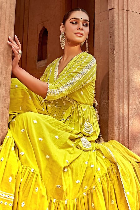 Preevin_Green Cotton, Tulle, Net Embroidery, Mirrors Angrakha Anarkali With Dupatta _at_Aza_Fashions