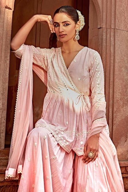 Shop Preevin Pink Cotton, Tulle, Net Embroidery, Mirrors V-neck Peplum Angrakha Sharara Set Online at Aza Fashions Shop_Preevin_Pink Cotton, Tulle, Net Embroidery, Mirrors V-neck Peplum Angrakha Sharara Set _Online_at_Aza_Fashions