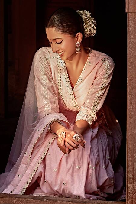Buy Preevin Pink Cotton, Tulle, Net Embroidery, Mirrors V-neck Work Angrakha Anarkali Set Online at Aza Fashions Buy_Preevin_Pink Cotton, Tulle, Net Embroidery, Mirrors V-neck Work Angrakha Anarkali Set _Online_at_Aza_Fashions