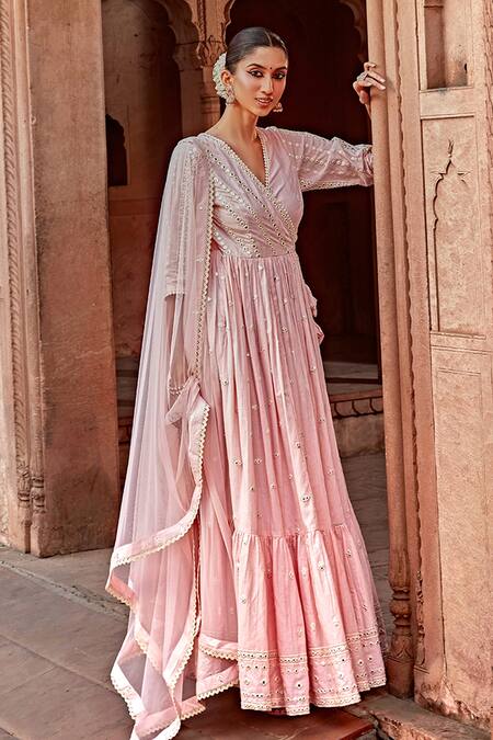 Shop Preevin Pink Cotton, Tulle, Net Embroidery, Mirrors V-neck Work Angrakha Anarkali Set Online at Aza Fashions Shop_Preevin_Pink Cotton, Tulle, Net Embroidery, Mirrors V-neck Work Angrakha Anarkali Set _Online_at_Aza_Fashions