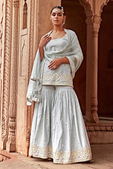 Preevin_Blue Cotton, Tulle Embroidery Round Neck Diamond Pattern Kurta Set _Online_at_Aza_Fashions