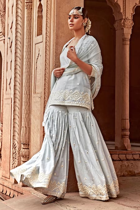 Buy_Preevin_Blue Cotton, Tulle Embroidery Round Neck Diamond Pattern Kurta Set _Online_at_Aza_Fashions