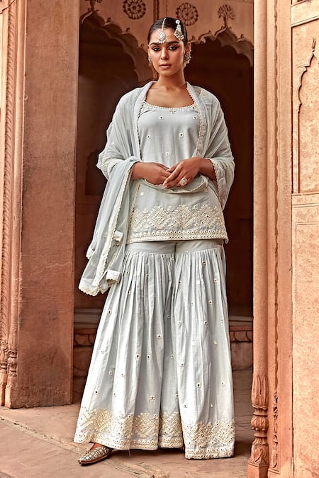 Shop_Preevin_Blue Cotton, Tulle Embroidery Round Neck Diamond Pattern Kurta Set _Online_at_Aza_Fashions