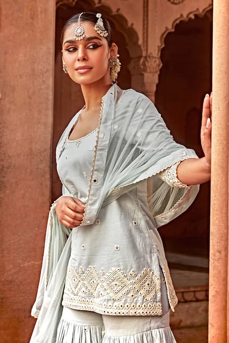 Preevin_Blue Cotton, Tulle Embroidery Round Neck Diamond Pattern Kurta Set _at_Aza_Fashions