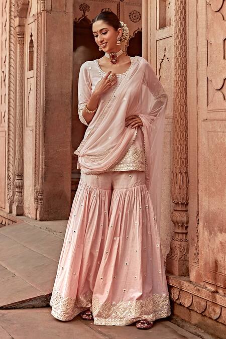 Buy Preevin Pink Cotton, Tulle Embroidery Round Neck Peplum Kurta And Sharara Set Online at Aza Fashions Buy_Preevin_Pink Cotton, Tulle Embroidery Round Neck Peplum Kurta And Sharara Set _Online_at_Aza_Fashions